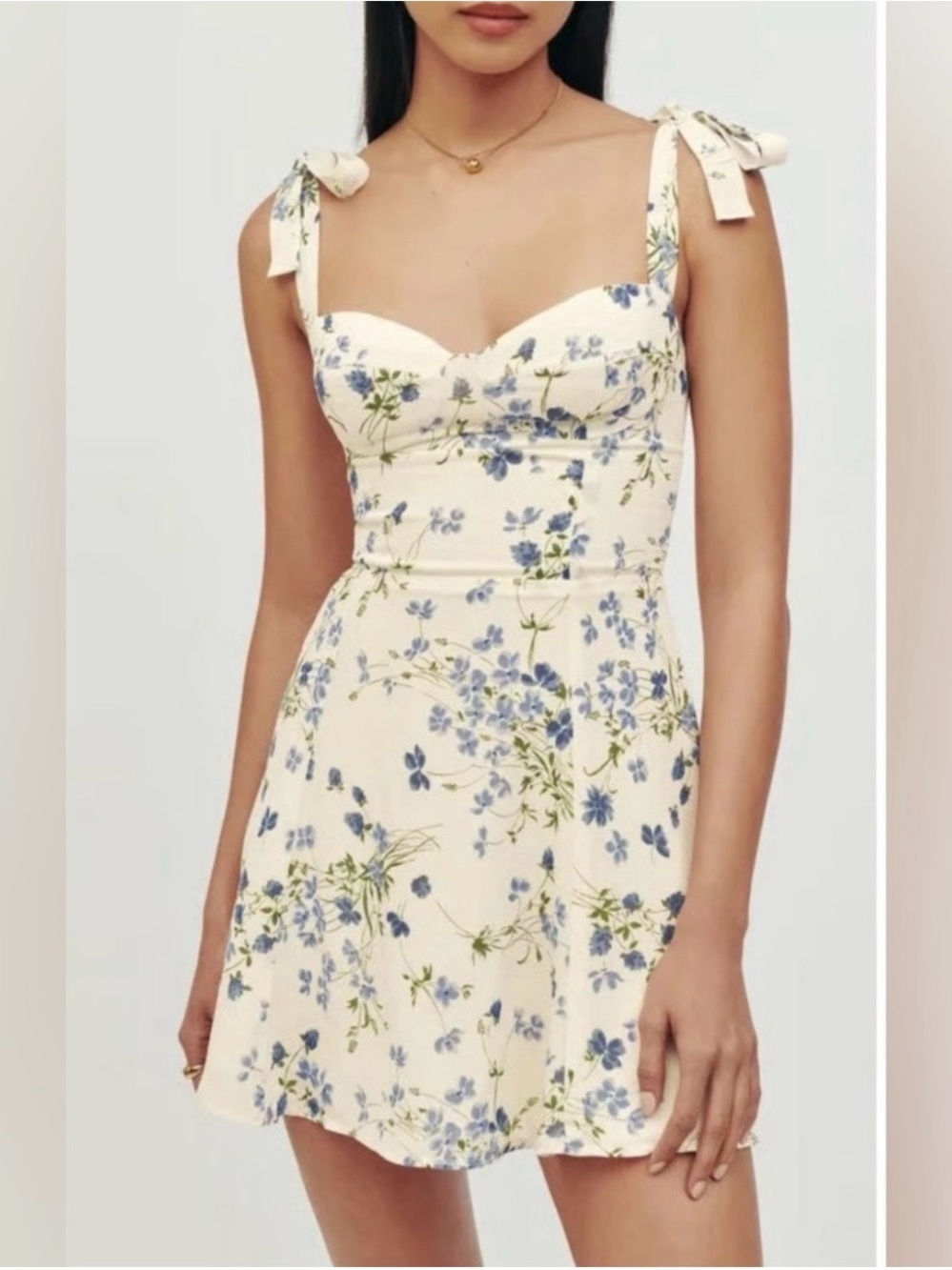 Reformation Niara White Mini Dress with Blue Floral Print Sweetheart sz 6 $250